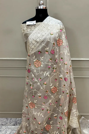 White Embroidery Tissue Silk Banarasi Saree