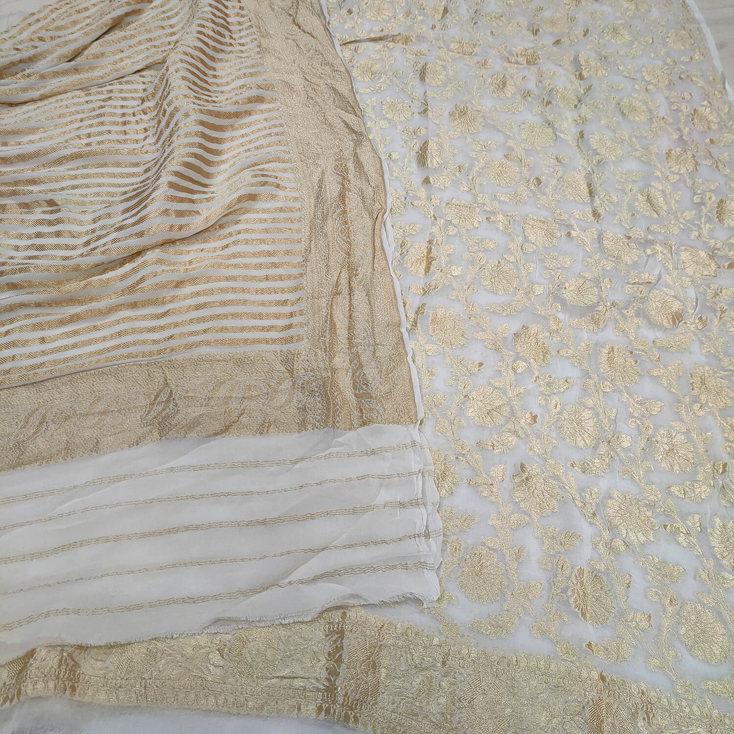 White Floral Georgette Banarasi Suit With Stripe Dupatta