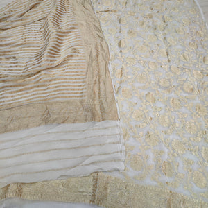 White Floral Georgette Banarasi Suit With Stripe Dupatta