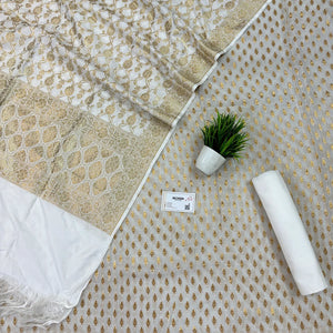 White Georgette Silk Banarasi Suit With Katan Dupatta