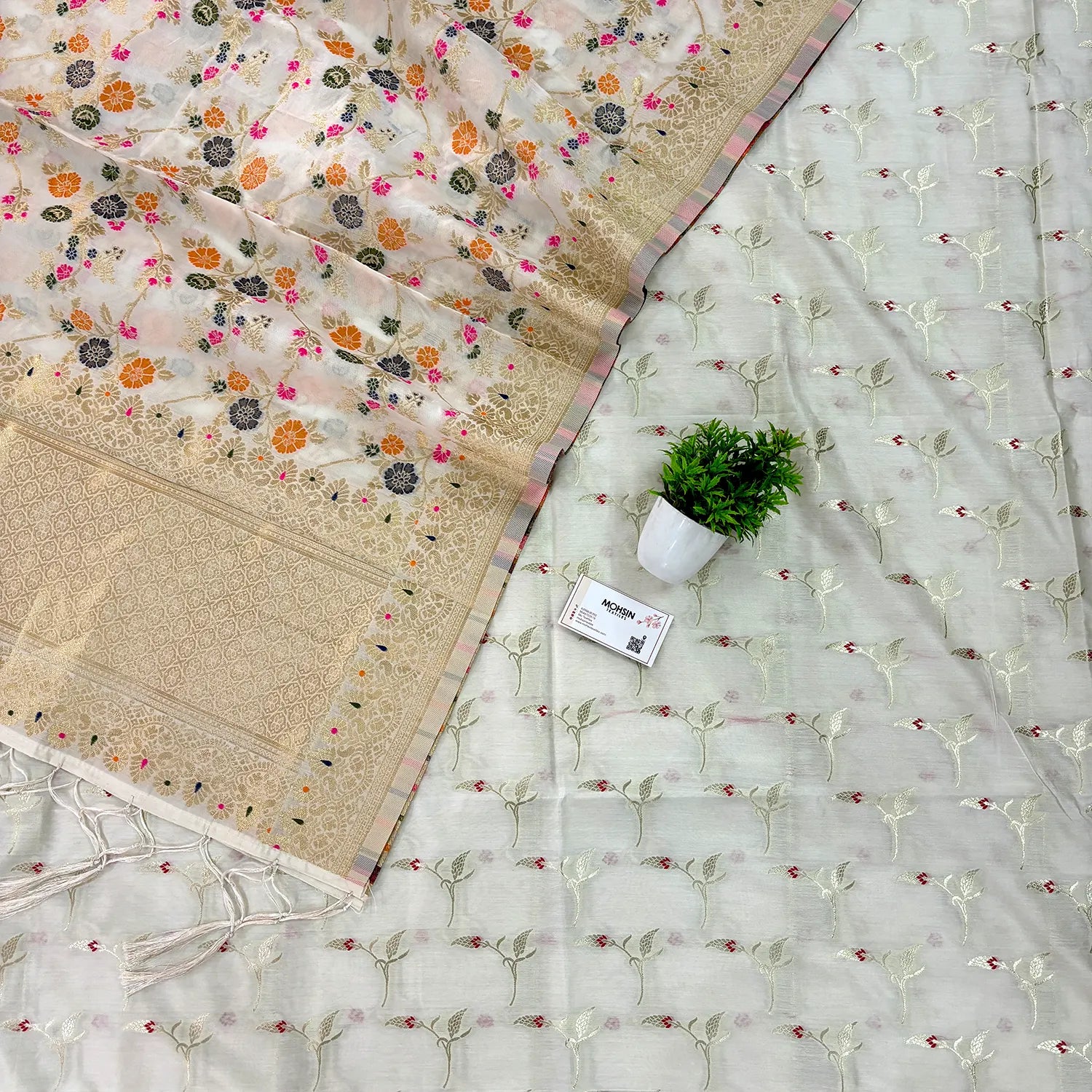 White Golden Zari Banarasi Silk Suit