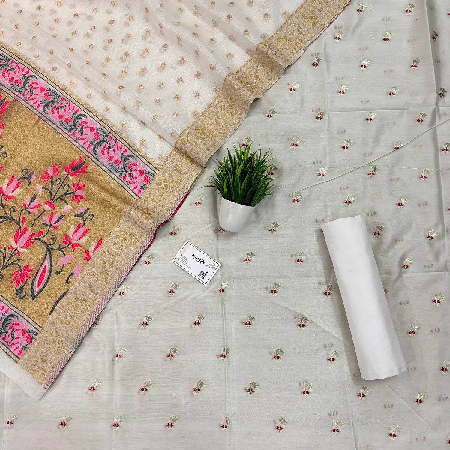 White Golden Zari Cotton Silk Banarasi Suit