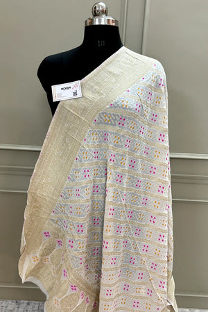 White Golden Zari Georgette Silk Banarasi Dupatta