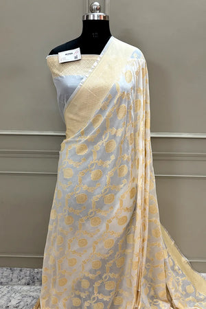 White Golden Zari Georgette Silk Banarasi Saree