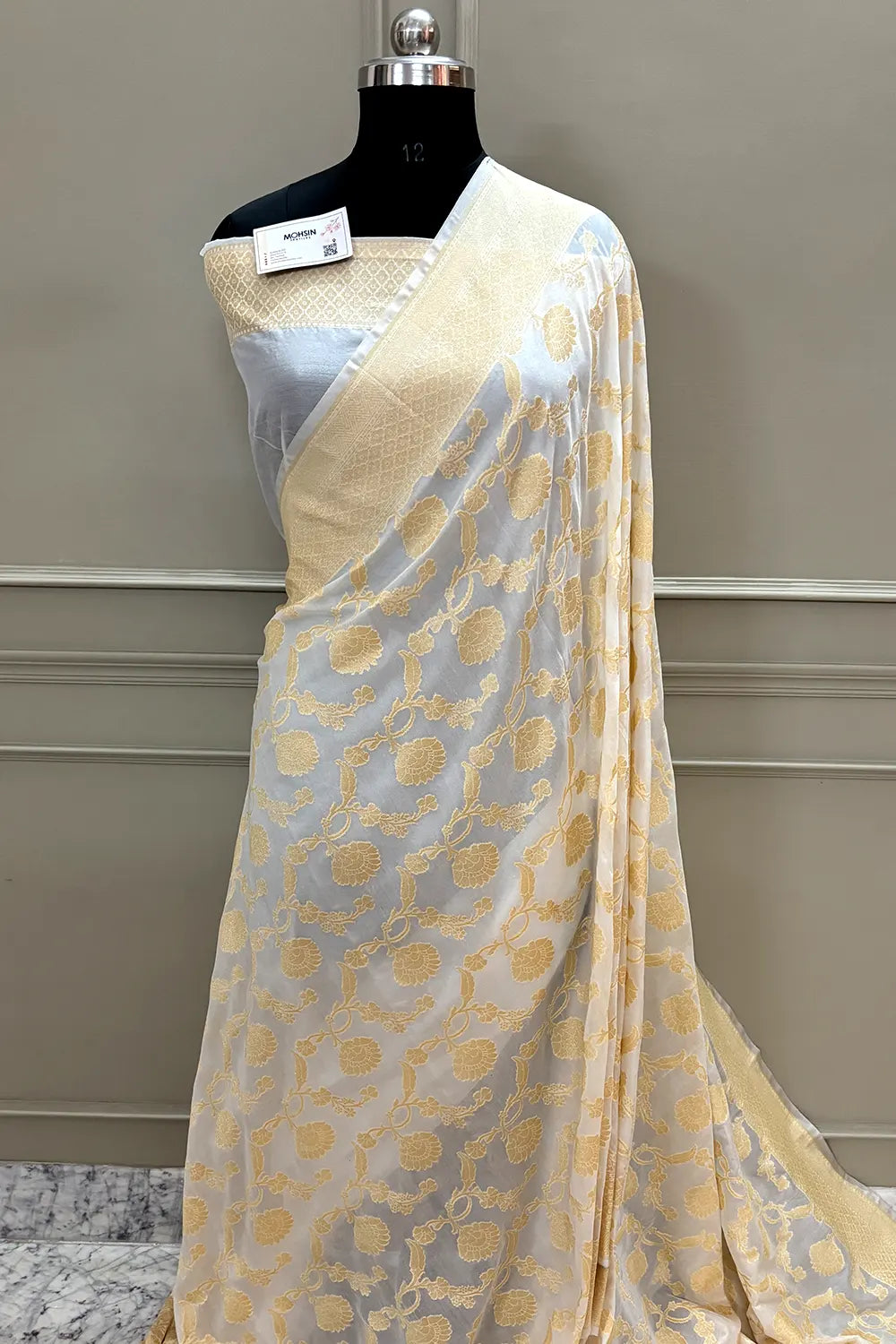 White Golden Zari Georgette Silk Banarasi Saree