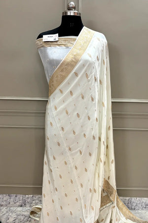 White Golden Zari Georgette Silk Banarasi Saree