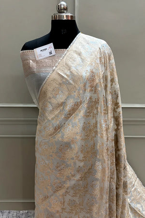 White Handloom Pure Chiniya Silk Banarasi Saree