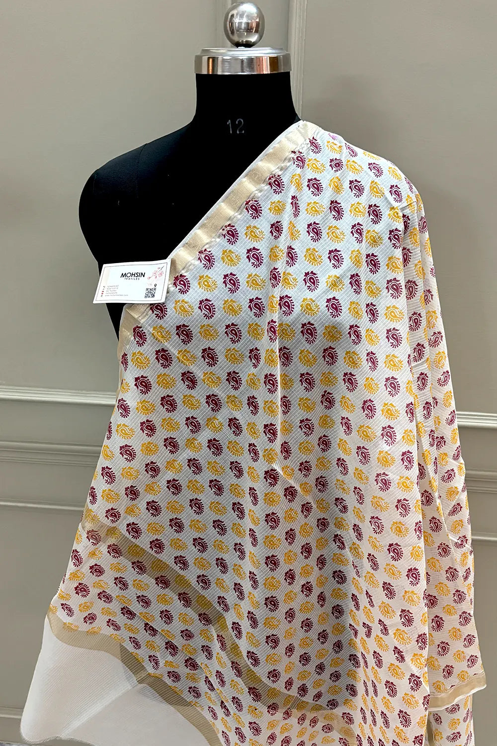 White Printed Munga Silk Banarasi Dupatta