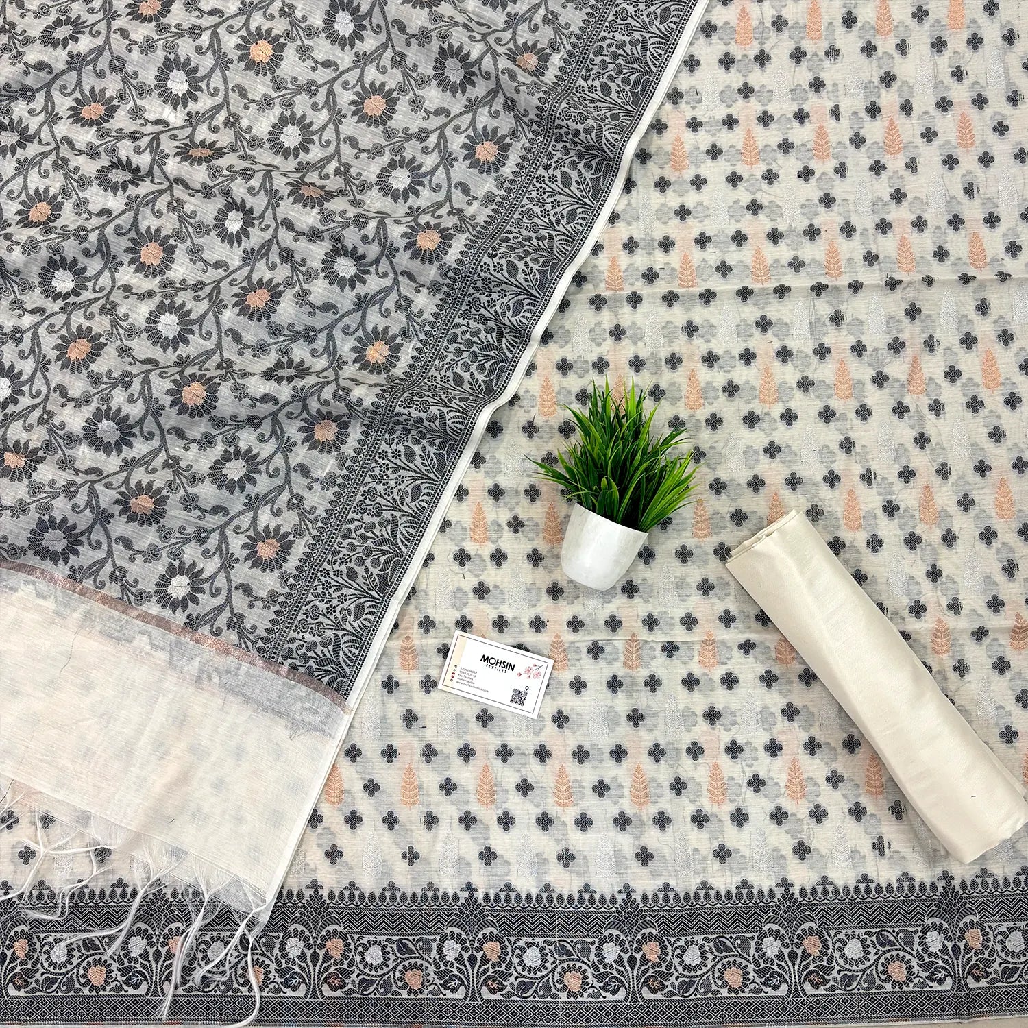 White Resham Zari Banarasi Silk Suit