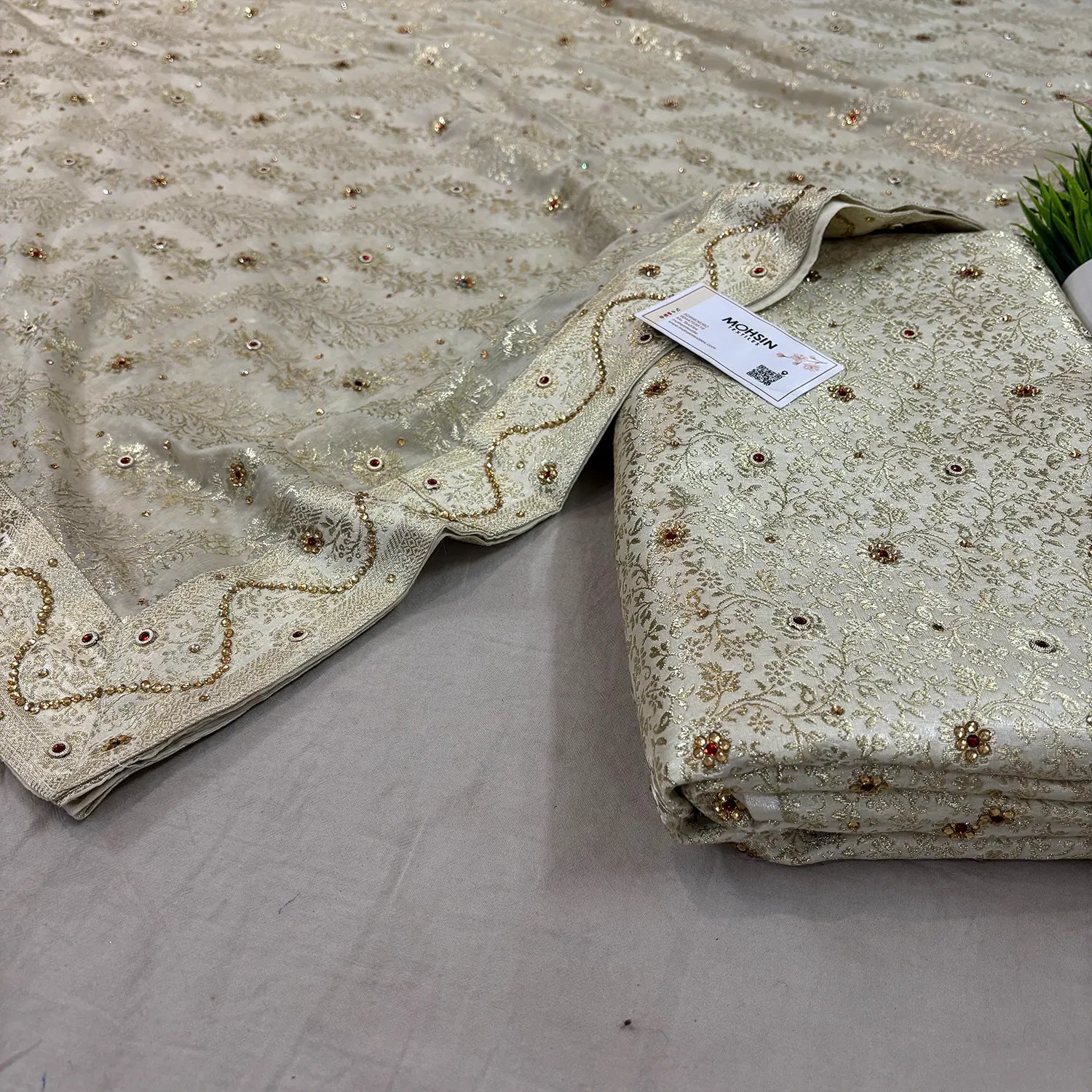 White Stone Work Kimkhab Silk Banarasi Gharara