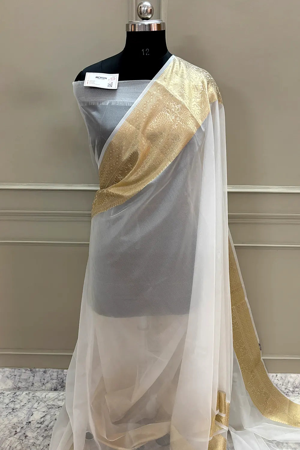 White Zari Border Organza Silk Banarasi Saree