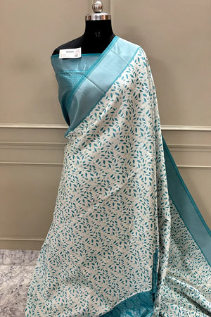 White and Firozi Resham Zari Banarasi Silk Saree