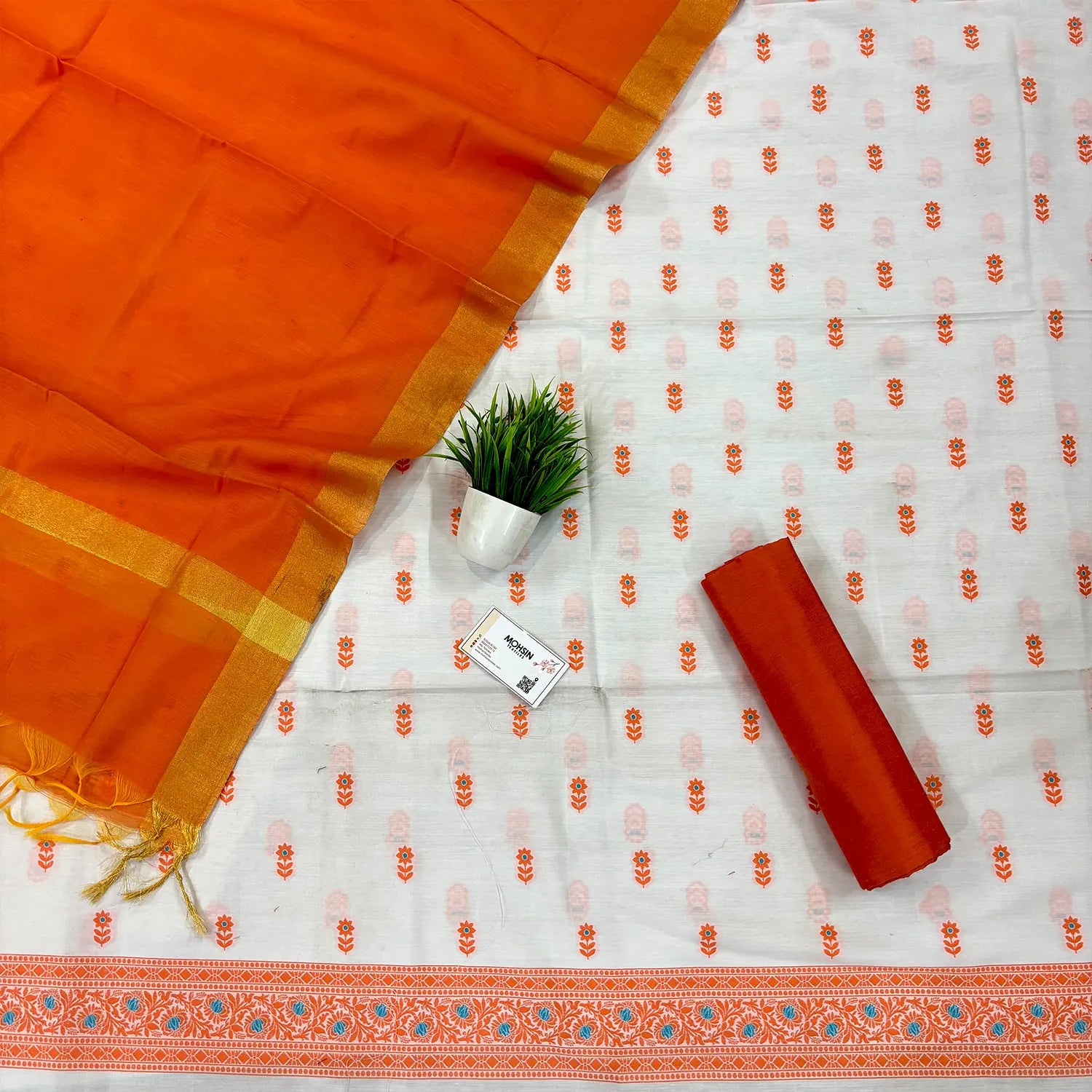 White and Orange Cotton Silk Salwar Suit