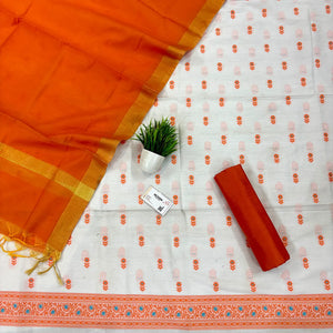 White and Orange Cotton Silk Salwar Suit