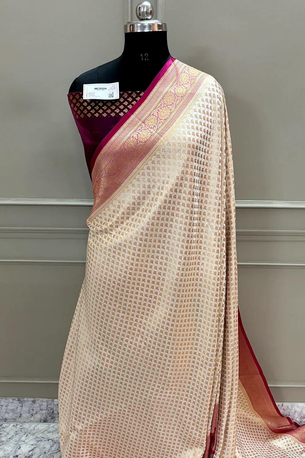White and Pink Golden Zari Katan Silk Banarasi Saree