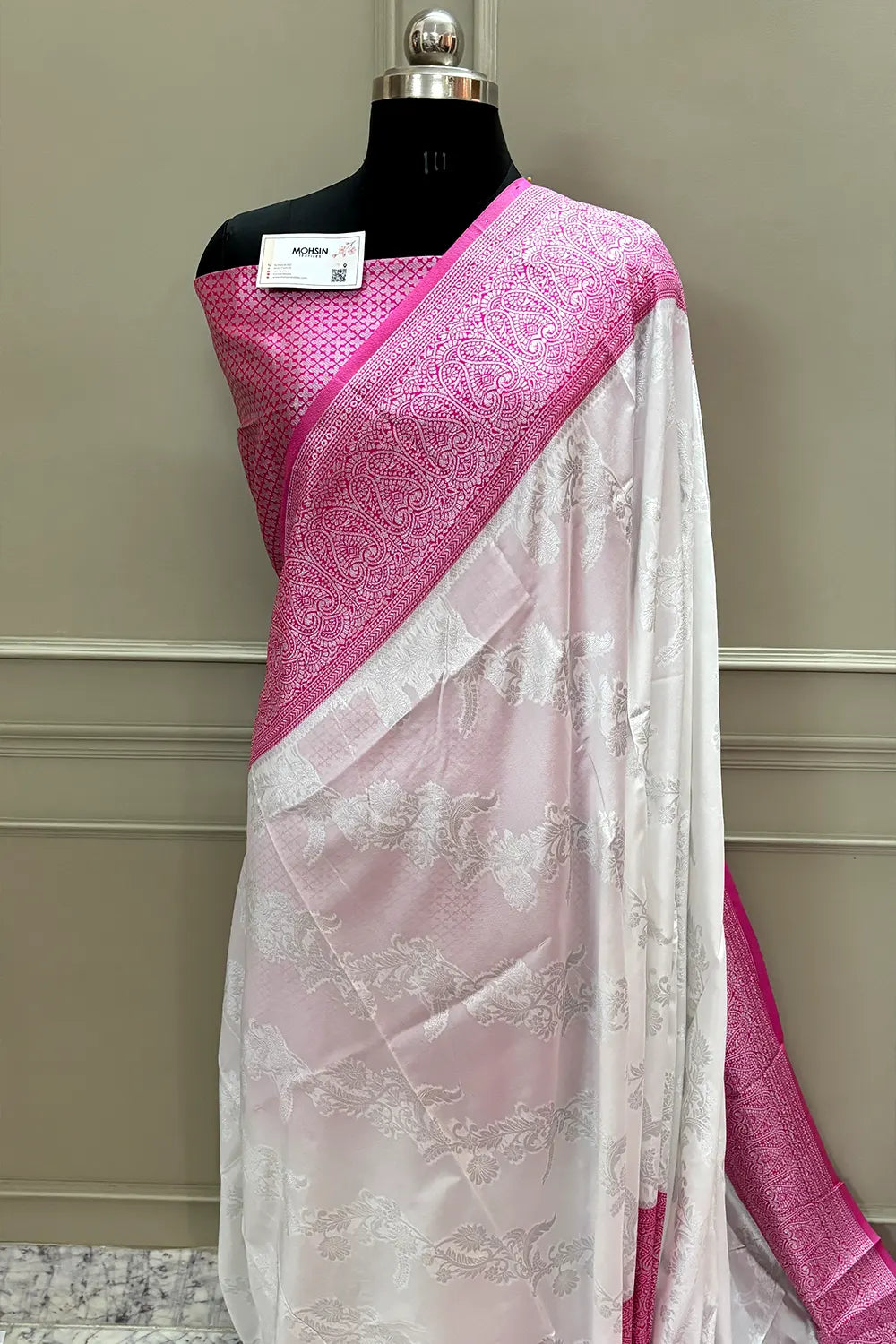 White and Pink Resham Zari Silky Banarasi Saree