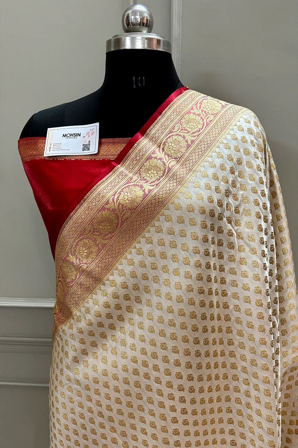 White and Red Golden Zari Katan Silk Banarasi Saree