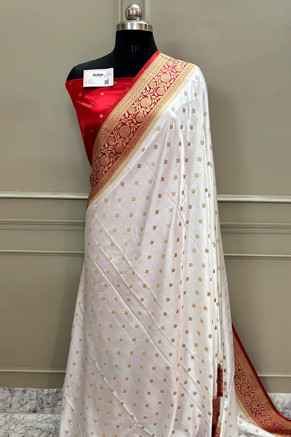 White and Red Golden Zari Katan Silk Banarasi Saree