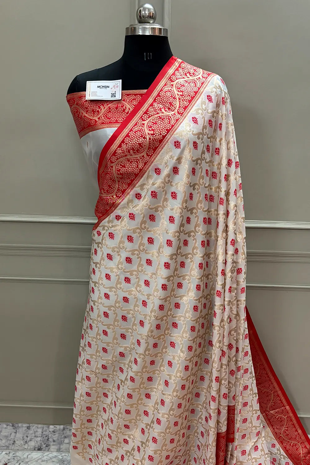 White and Red Golden Zari Silky Banarasi Saree