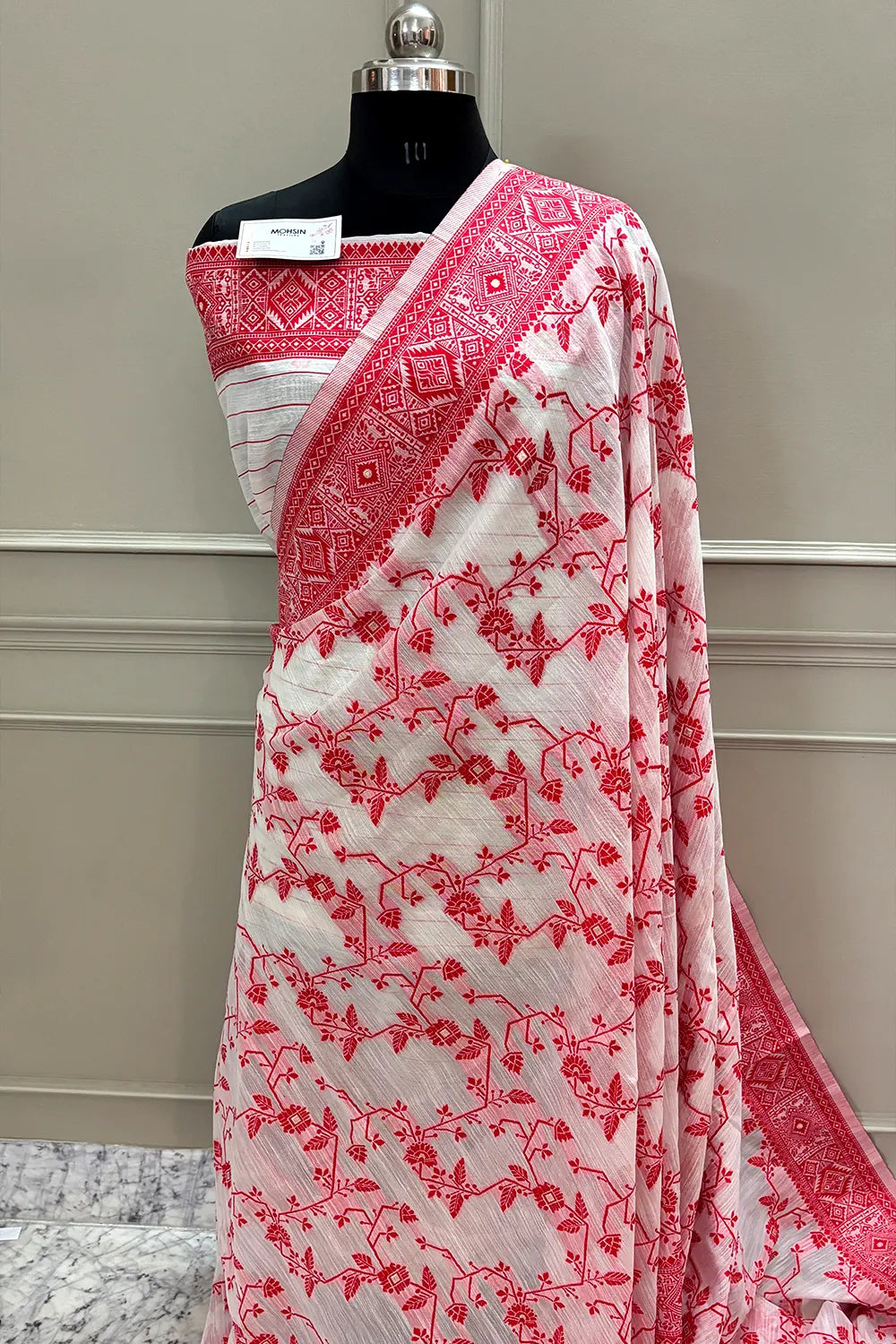 White and Red Resham Zari Linen Silk Banarasi Saree