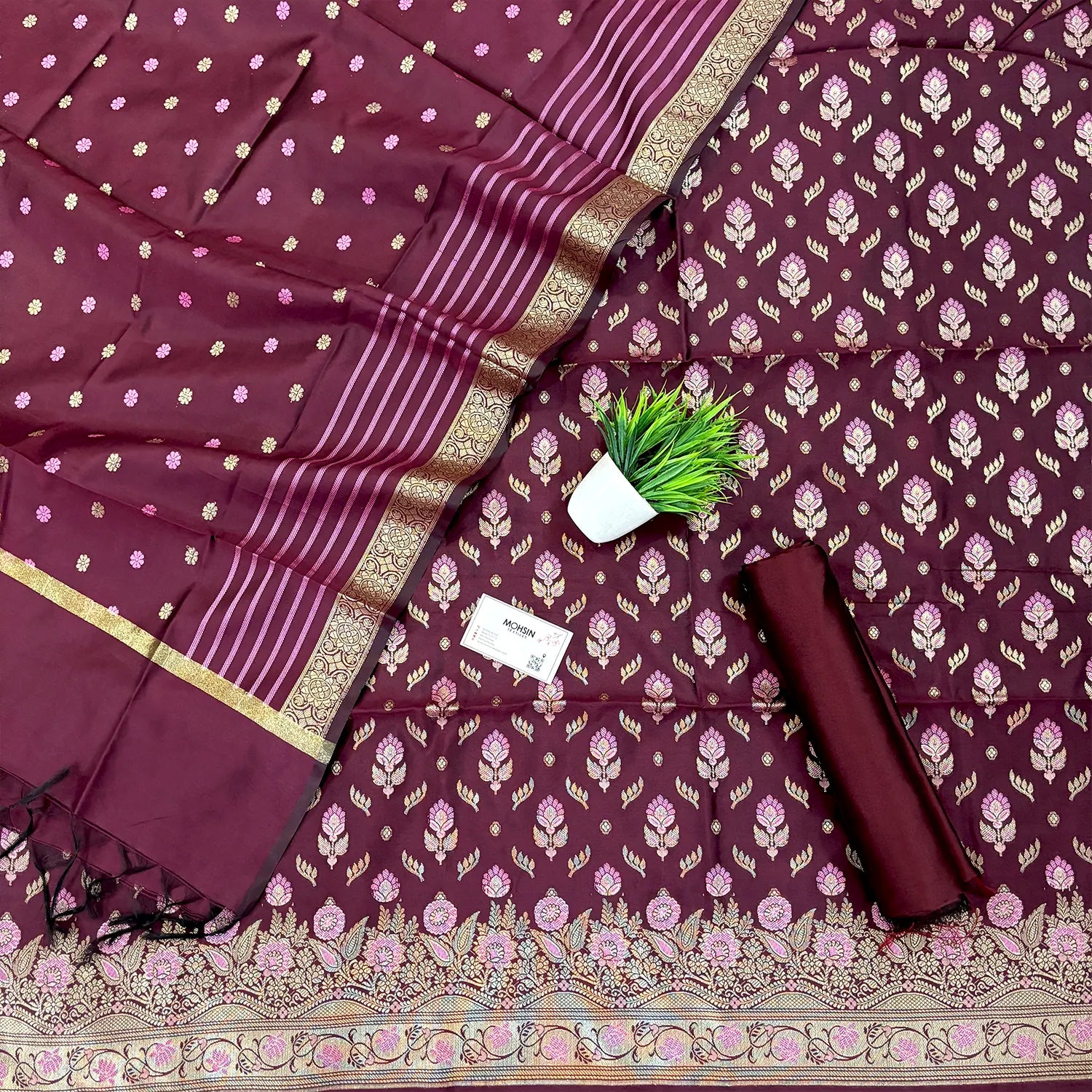 Wine Golden Zari Satin Silk Banarasi Suit