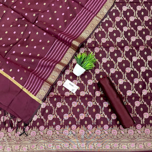 Wine Golden Zari Satin Silk Banarasi Suit