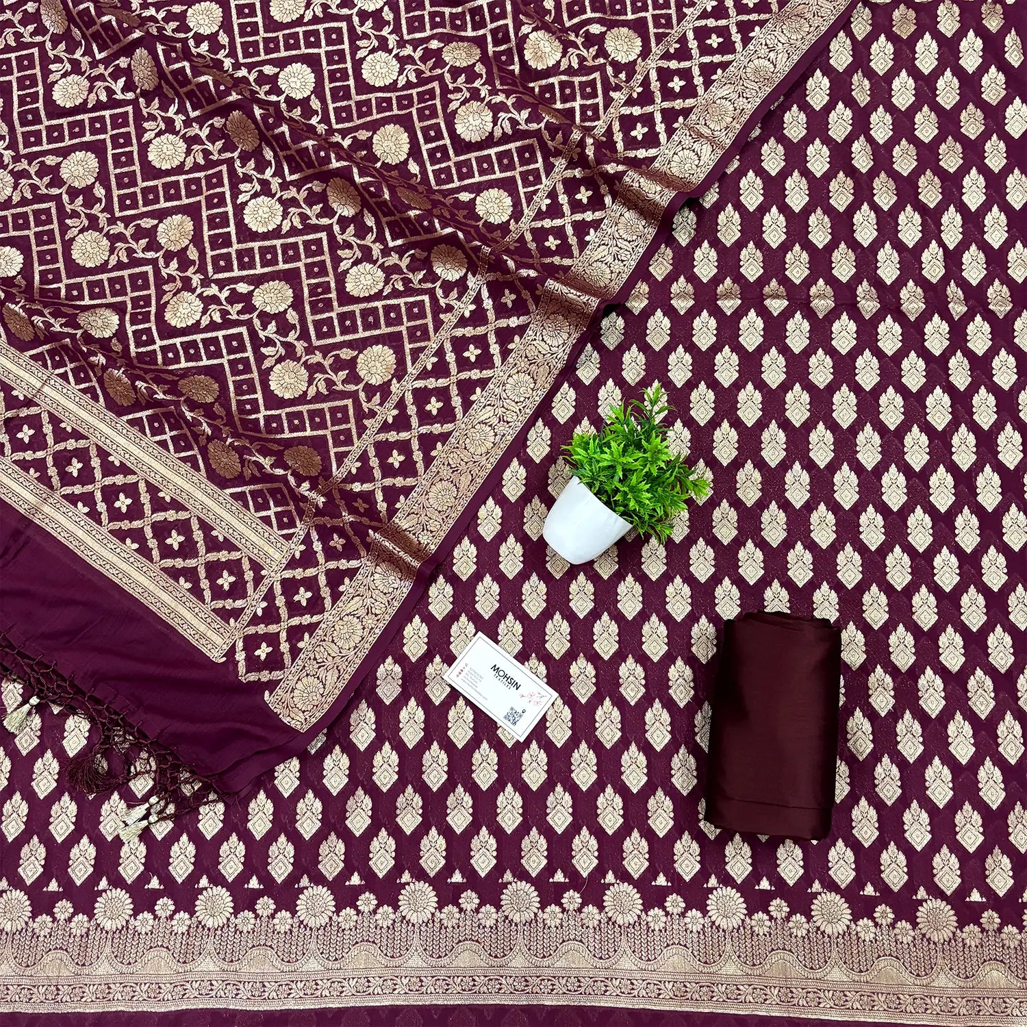 Wine Golden Zari Georgette Silk Banarasi Suit