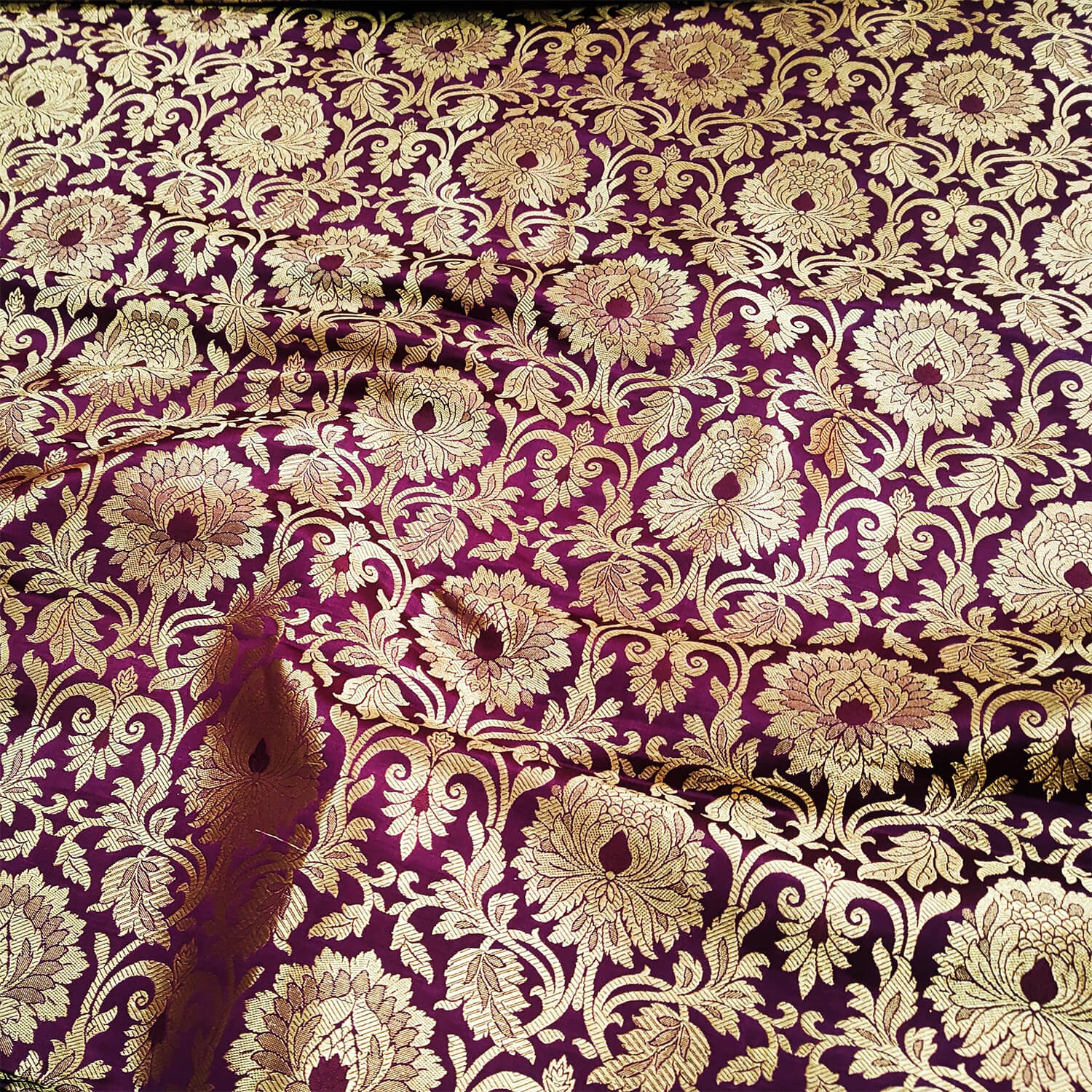 Wine Golden Zari Katan Brocade Silk Fabric