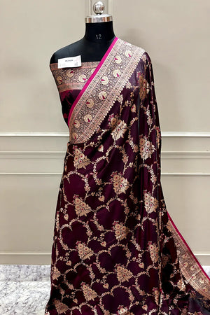 Wine Golden Zari Katan Silk Banarasi Saree