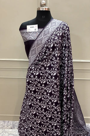Wine Resham Zari Cotton Silk Banarasi Saree