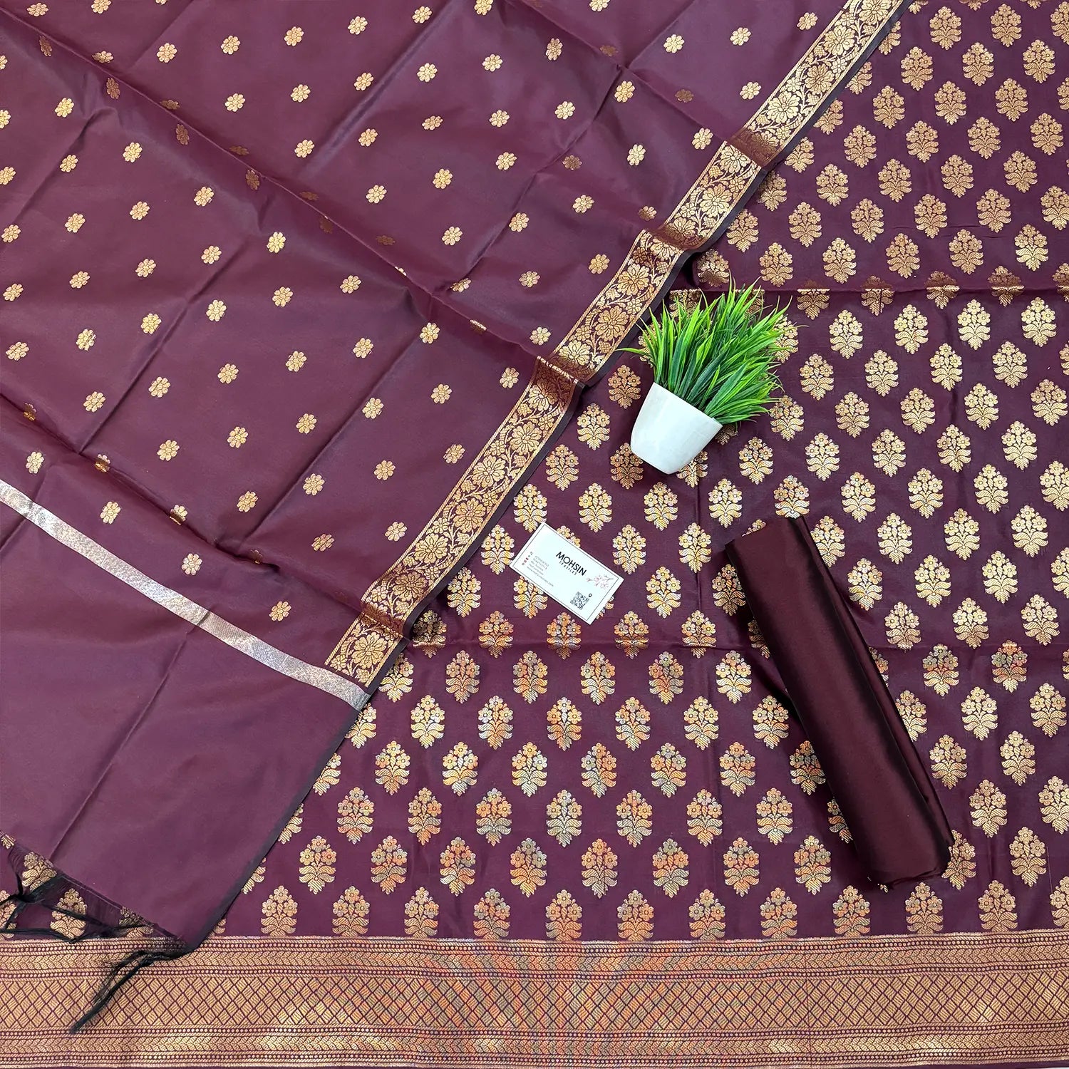 Wine Tri Phool Satin Silk Banarasi Suit