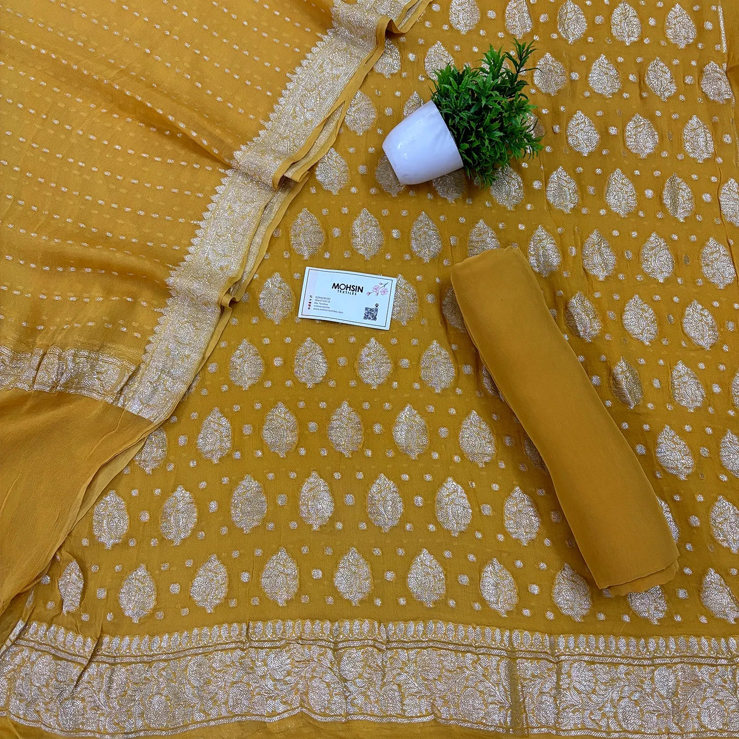 Yellow Golden Zari Pure Georgette Silk Banarasi Suit