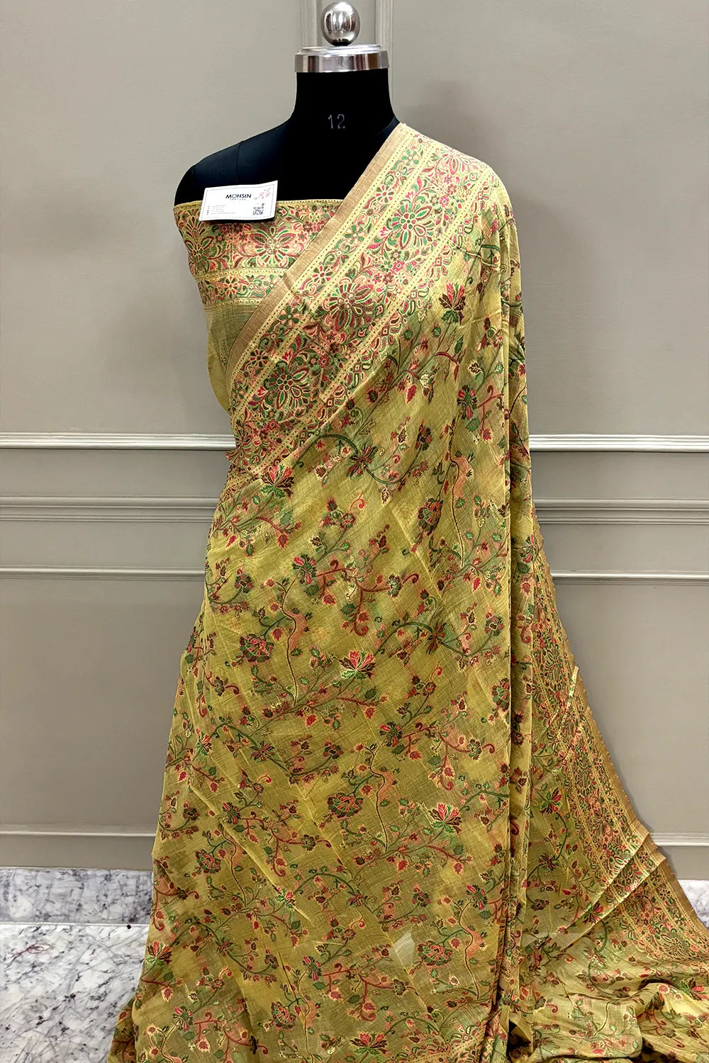 Yellow Printed Linen Silk Banarasi Saree