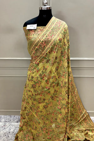 Yellow Printed Linen Silk Banarasi Saree