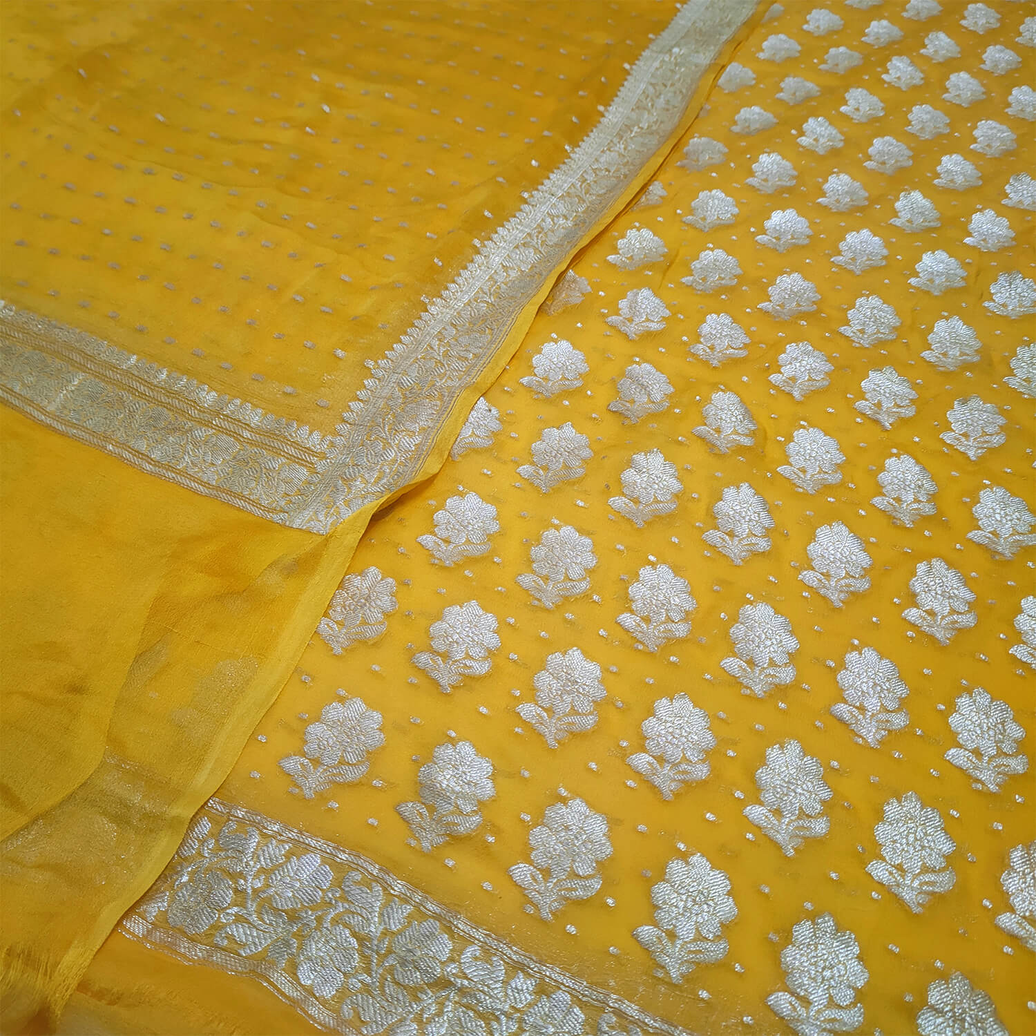 Yellow Pure Khaddi Handloom Georgette Silk Banarasi Suit