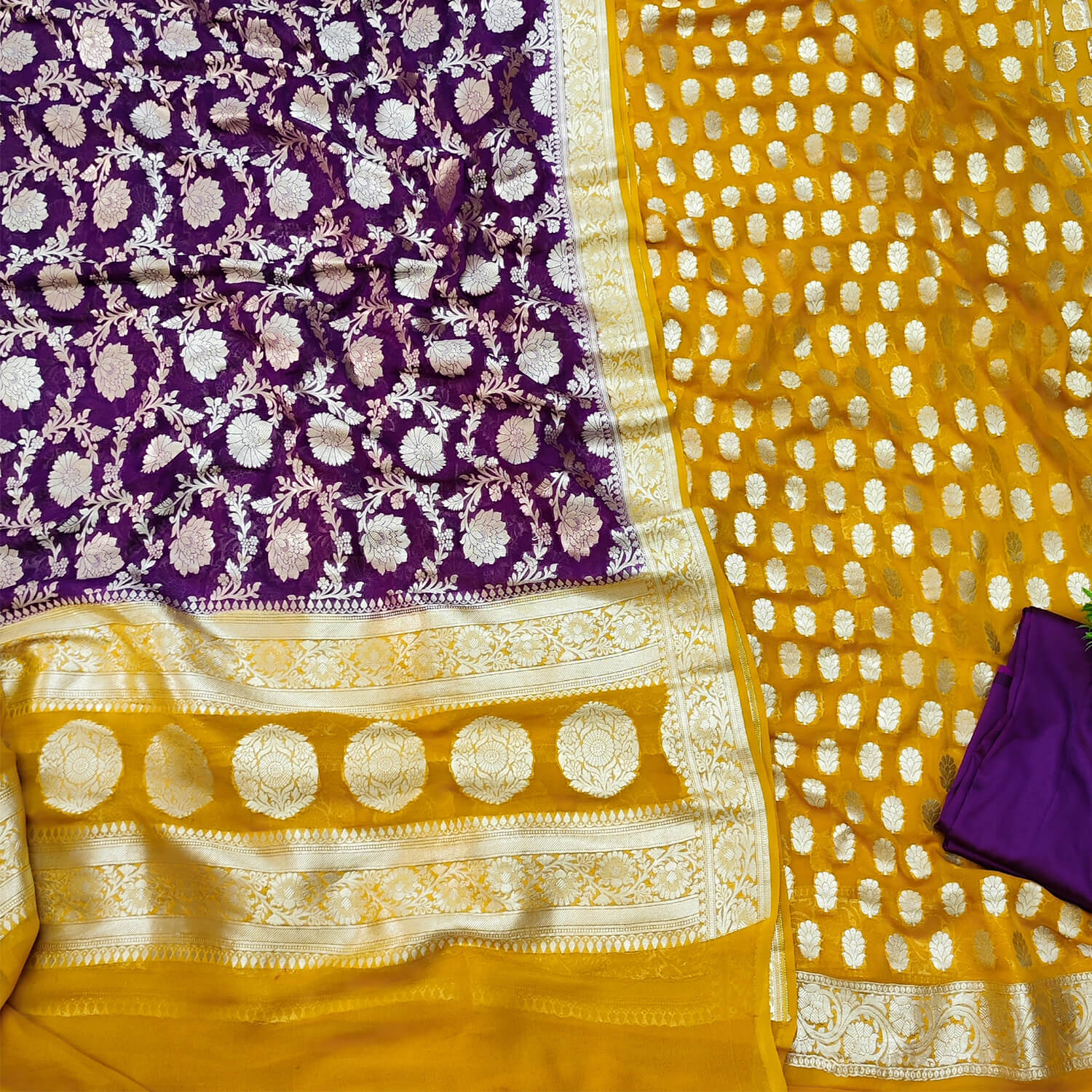Yellow and Purple Handloom Georgette Silk Banarasi Suit