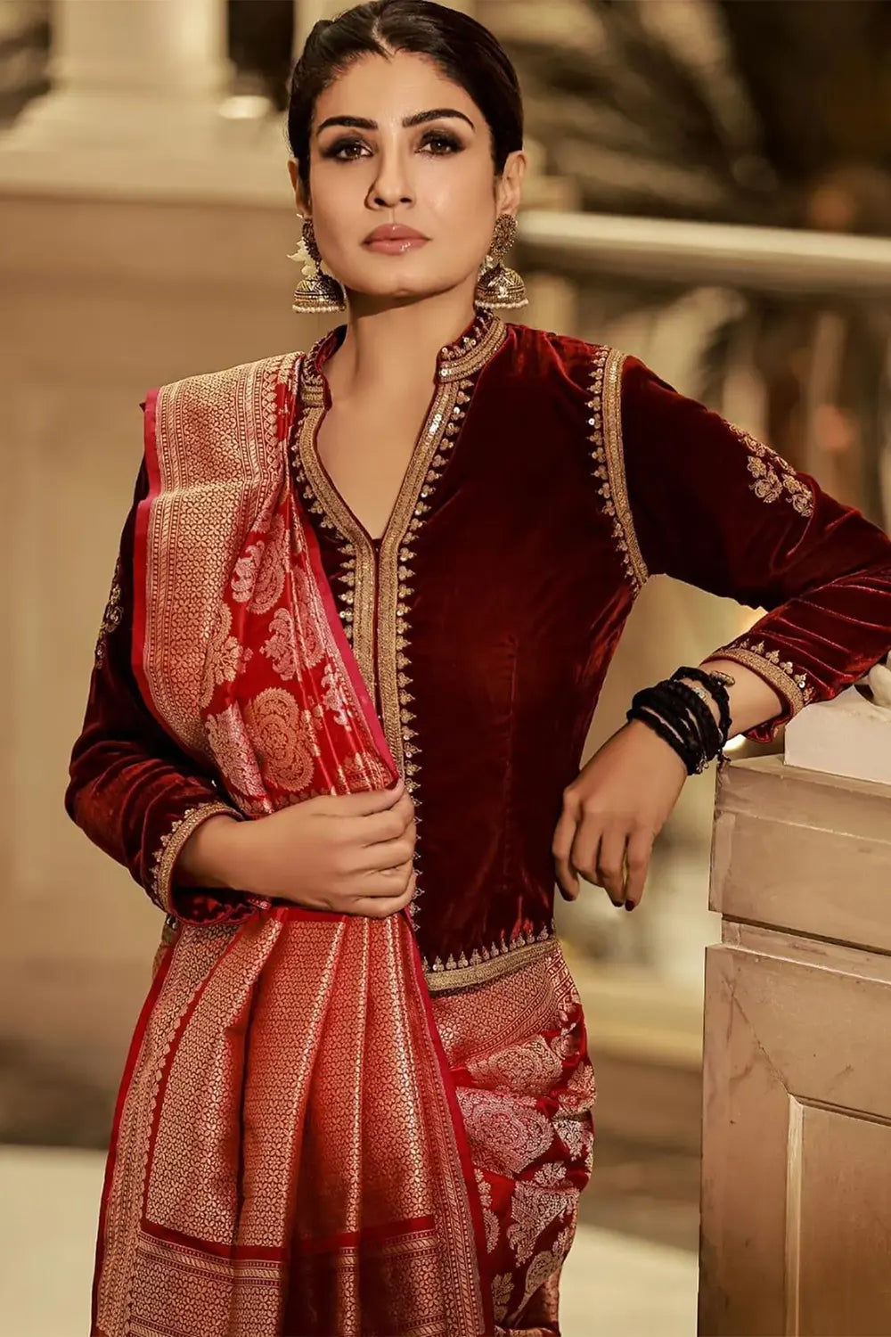 Raveena Tandon Red Katan Silk Banarasi Saree