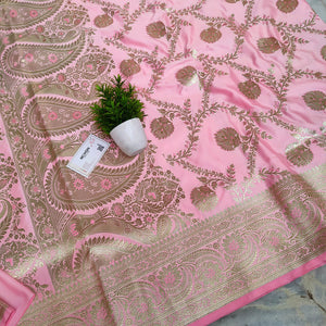 Baby Pink Handloom Pure Katan Silk Banarasi Saree