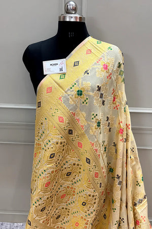 Beige Golden Zari Dola Silk Banarasi Saree