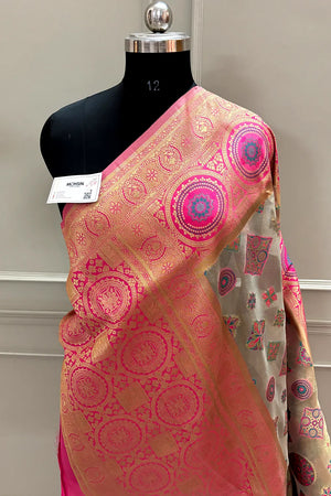 Beige and Pink Golden Zari Tissue Silk Banarasi Saree