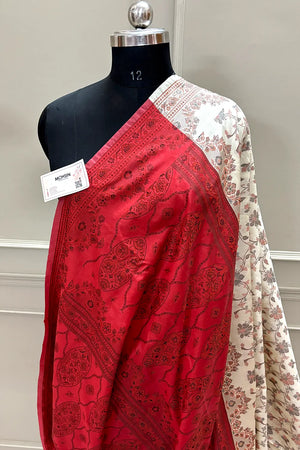 Beige and Red Resham Silk Banarasi Saree