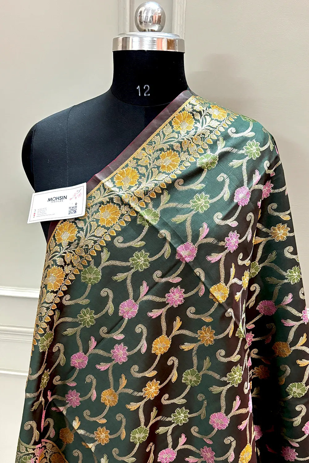 Bottle Green Zari Meena Cotton Silk Banarasi Dupatta