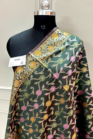 Bottle Green Zari Meena Cotton Silk Banarasi Dupatta