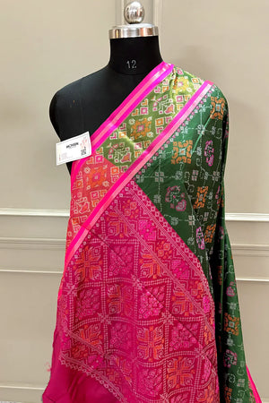 Bottle Green and Pink Resham Zari Banarasi Silk Saree