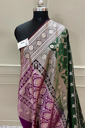 Bottle Green and Purple Golden Zari Katan Silk Banarasi Saree
