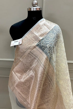 Cream Embroidery Organza Silk Banarasi Saree