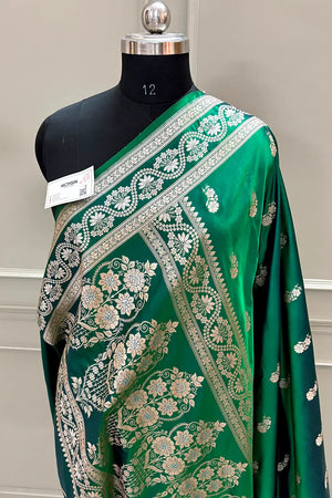 Emerald Green Golden Zari Katan Silk Banarasi Saree