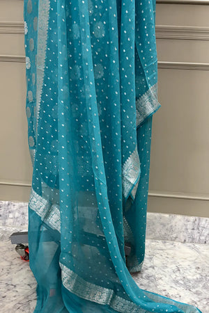 Firozi Golden Zari Pure Georgette Silk Banarasi Suit