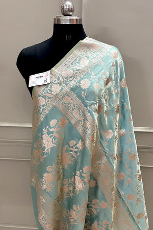 Firozi Kesari Jaal Katan Silk Banarasi Saree