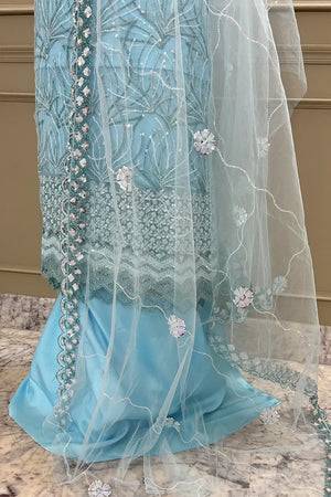 Firozi Sequence Embroidery Net Salwar Suit